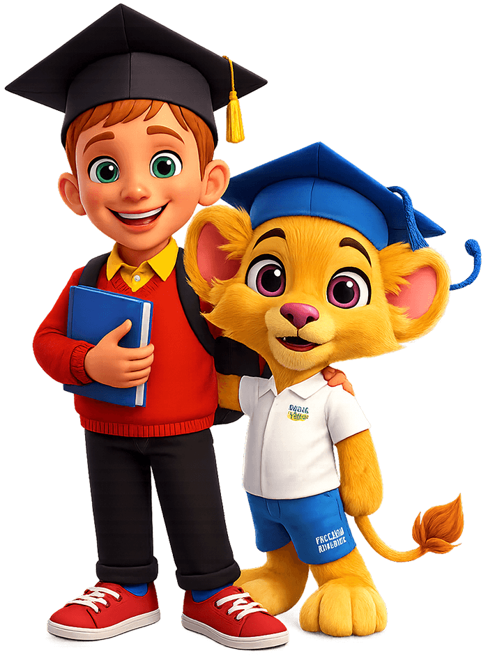 Маскот акдемии английского лев и начальной академии мальчик в кепке