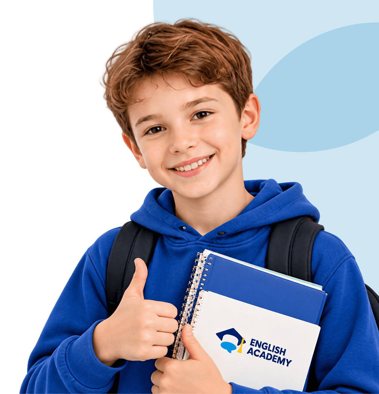 Ученик с рюкзаком и тетрадью English Academy